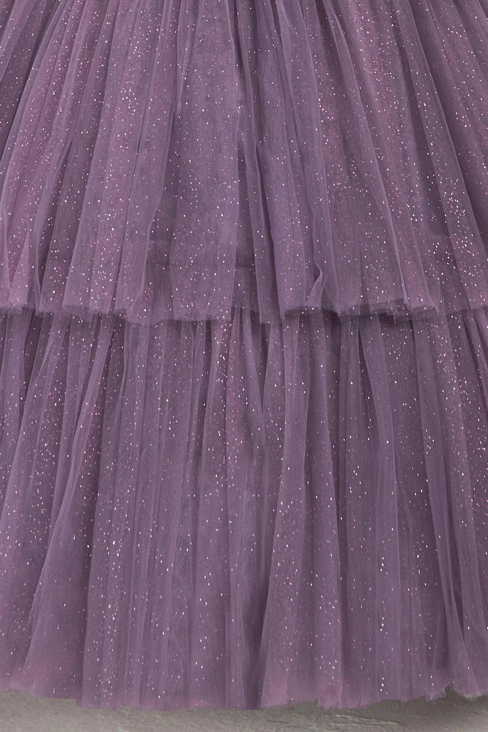 Lilac Netted and Glitter work Long Party Frock for Girls