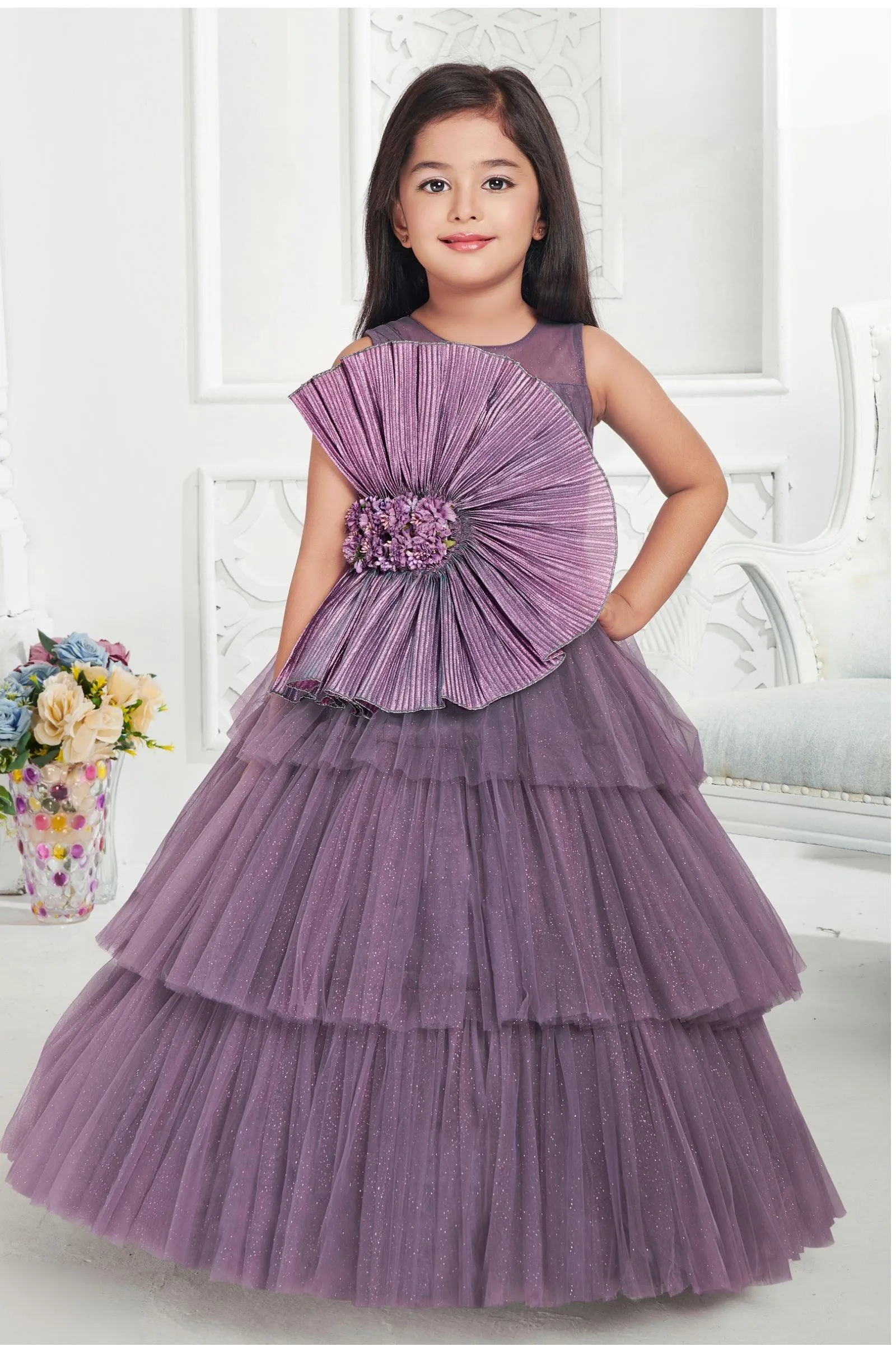 Lilac Netted and Glitter work Long Party Frock for Girls