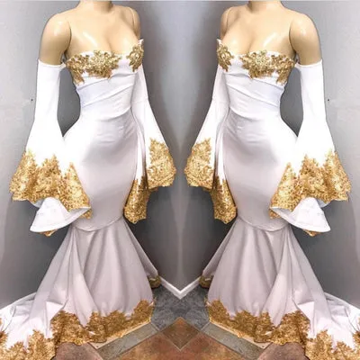 LONG SLEEVES PARTY GOWNS WITH GOLD APPLIQUES PROM DRESS SA82