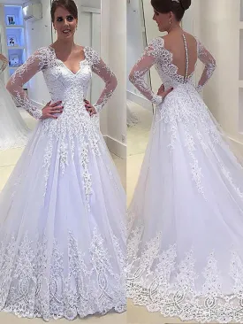 Long Sleeves V-neck Tulle Applique Ball Gown Wedding Dress OW185