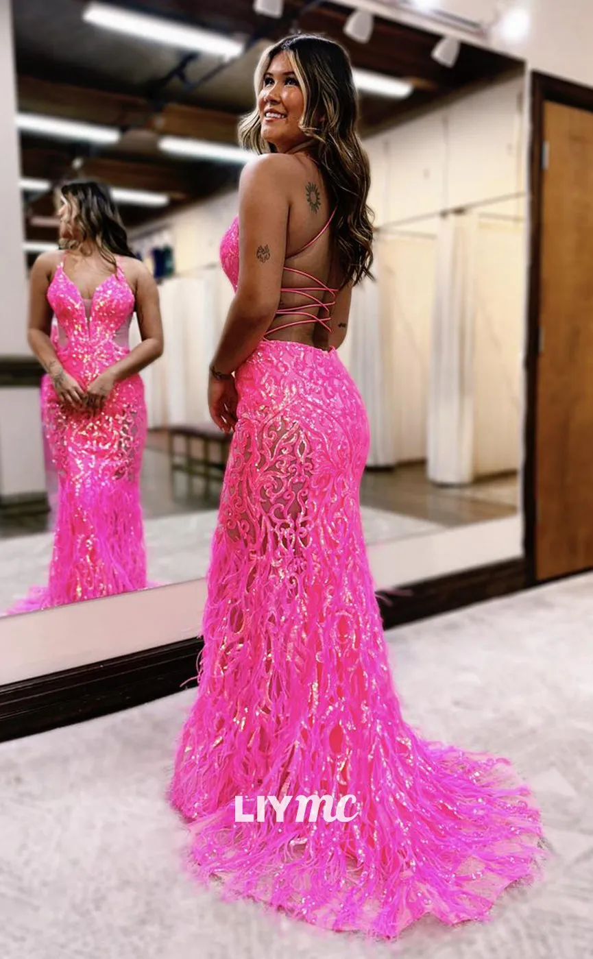 LP1018 - Plunging Illusion V Neck Sequins Lace Feathers Mermaid Long Prom Party Dress