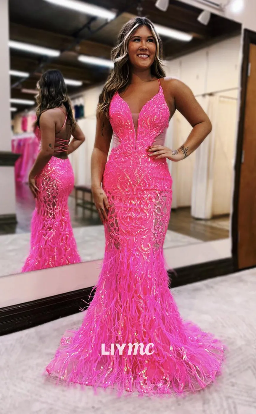 LP1018 - Plunging Illusion V Neck Sequins Lace Feathers Mermaid Long Prom Party Dress