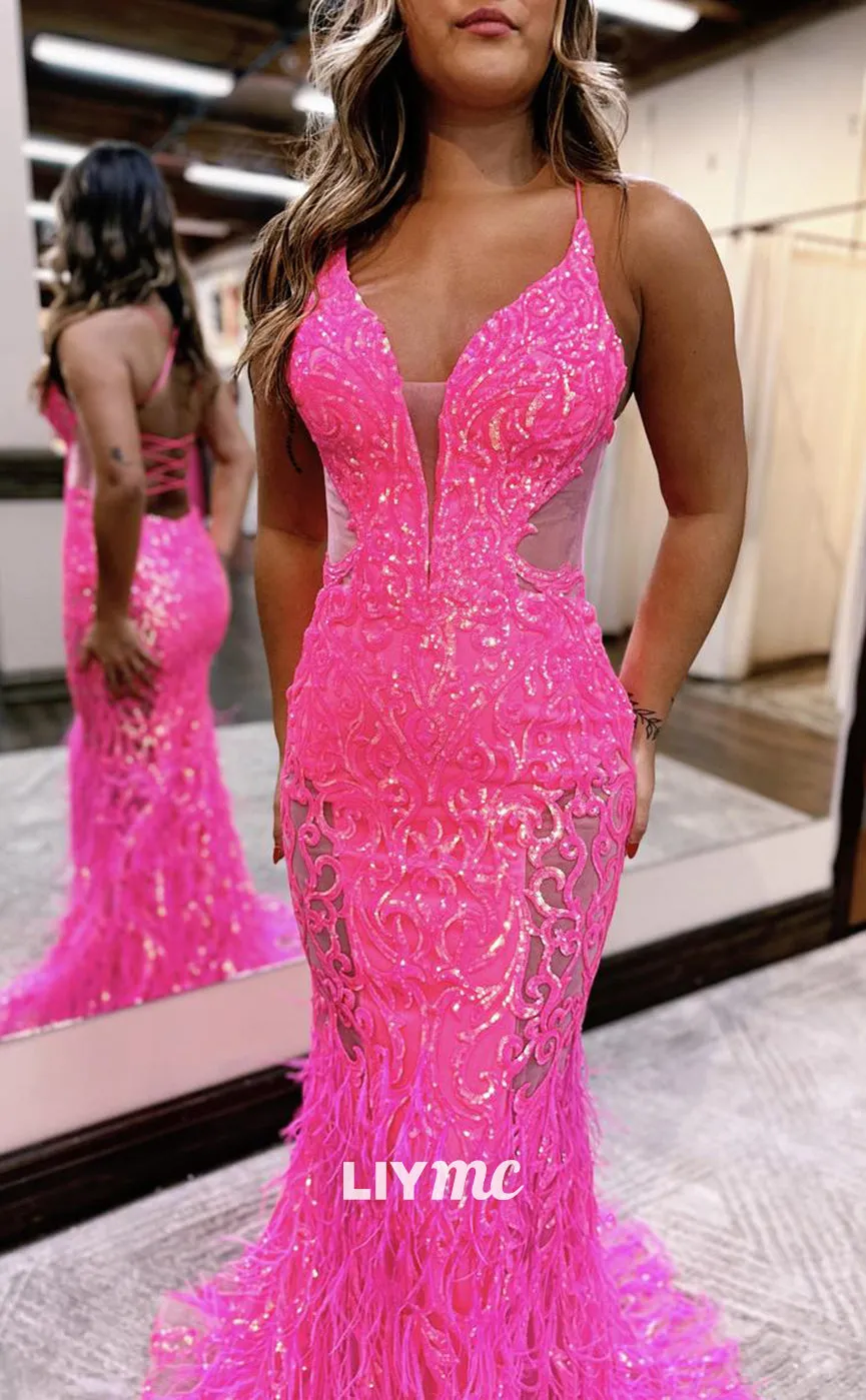 LP1018 - Plunging Illusion V Neck Sequins Lace Feathers Mermaid Long Prom Party Dress