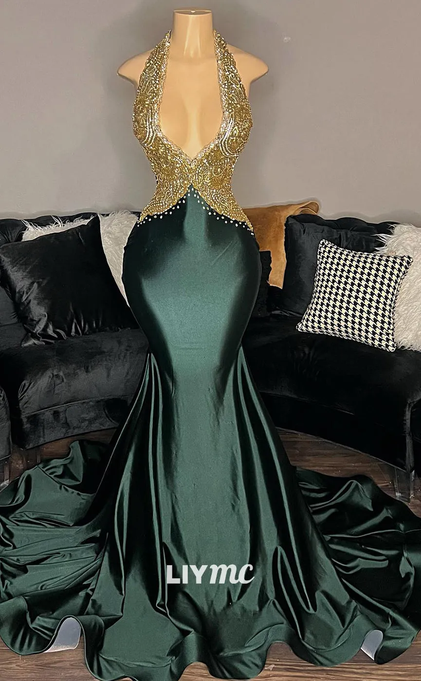 LP1421 - Halter Low V-Neck Appliques Open Back Sleek Satin Mermaid Prom Dress for Black Girls Slay