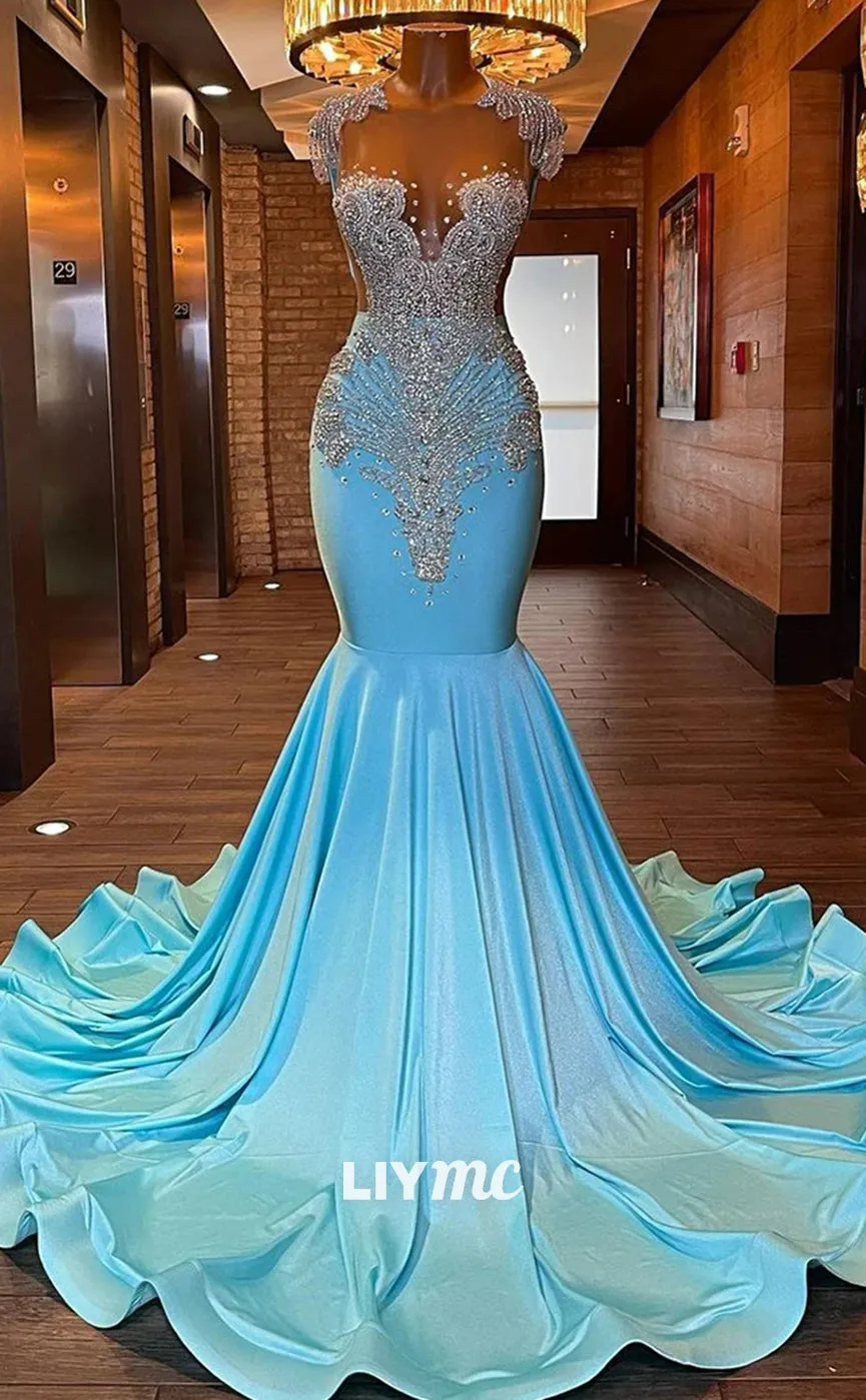 LP1439 - Gorgeous V-Neck Sleeveless Beaded Pleated Mermaid Prom Dress for Black Girls Slay