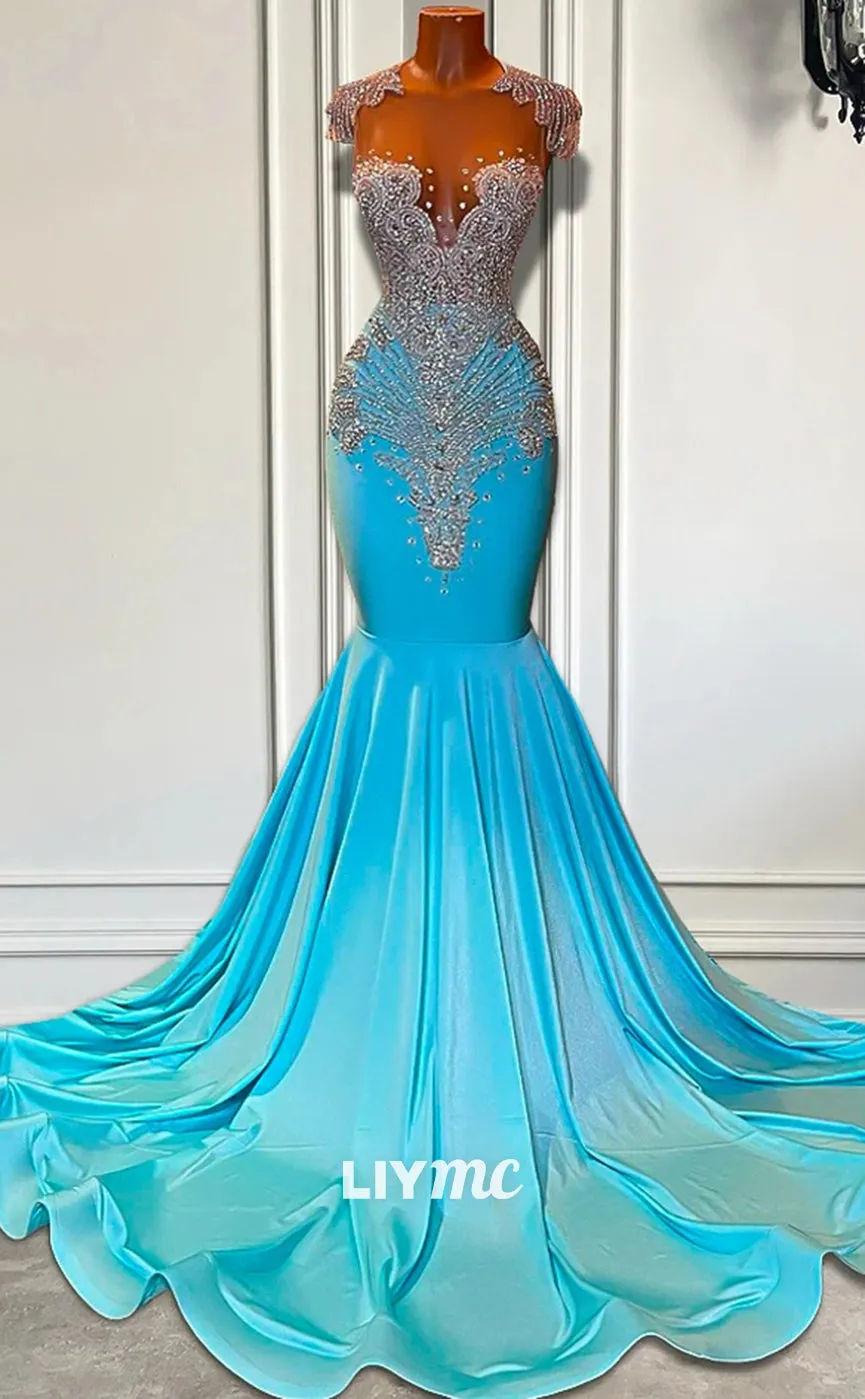 LP1439 - Gorgeous V-Neck Sleeveless Beaded Pleated Mermaid Prom Dress for Black Girls Slay