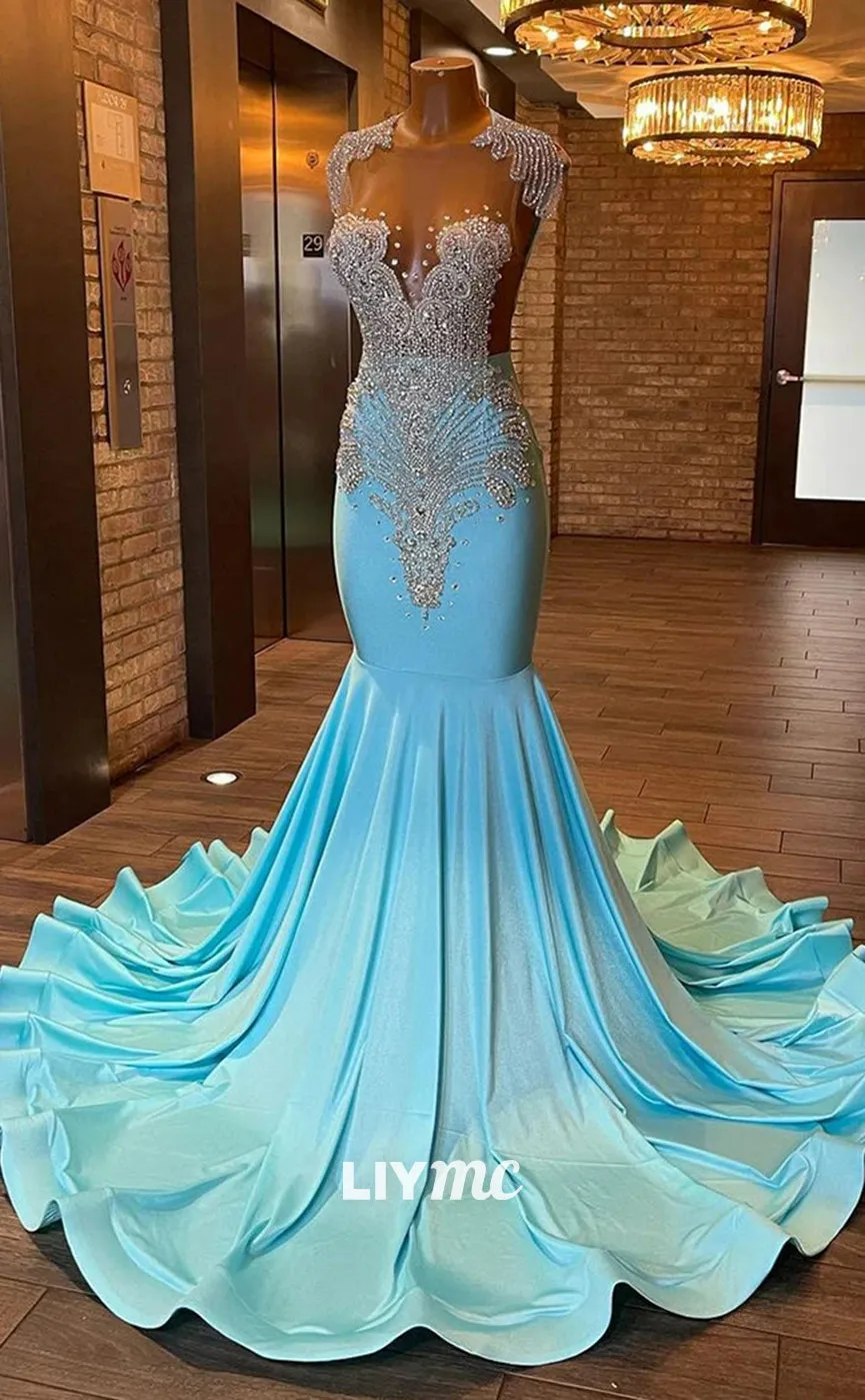 LP1439 - Gorgeous V-Neck Sleeveless Beaded Pleated Mermaid Prom Dress for Black Girls Slay