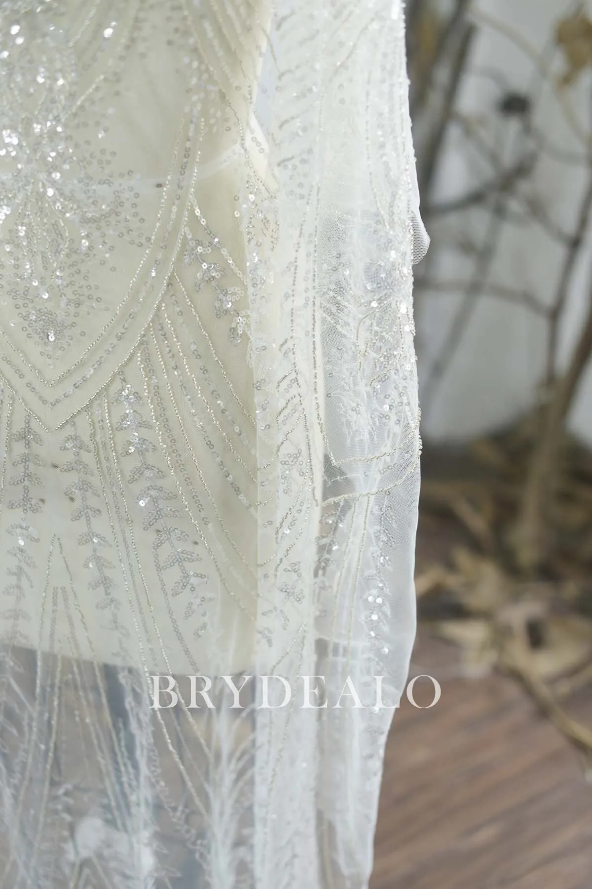 Luxurious Silver Geometry Beaded Lace Fabric for Sparkly Dresses