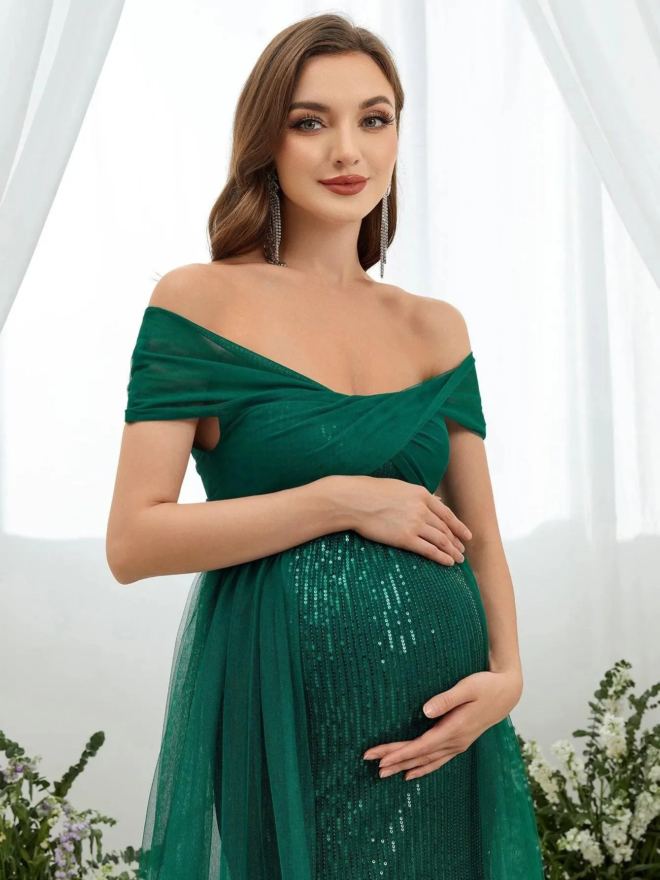 Maternity Off Shoulder Split Sequin Mermaid Dress