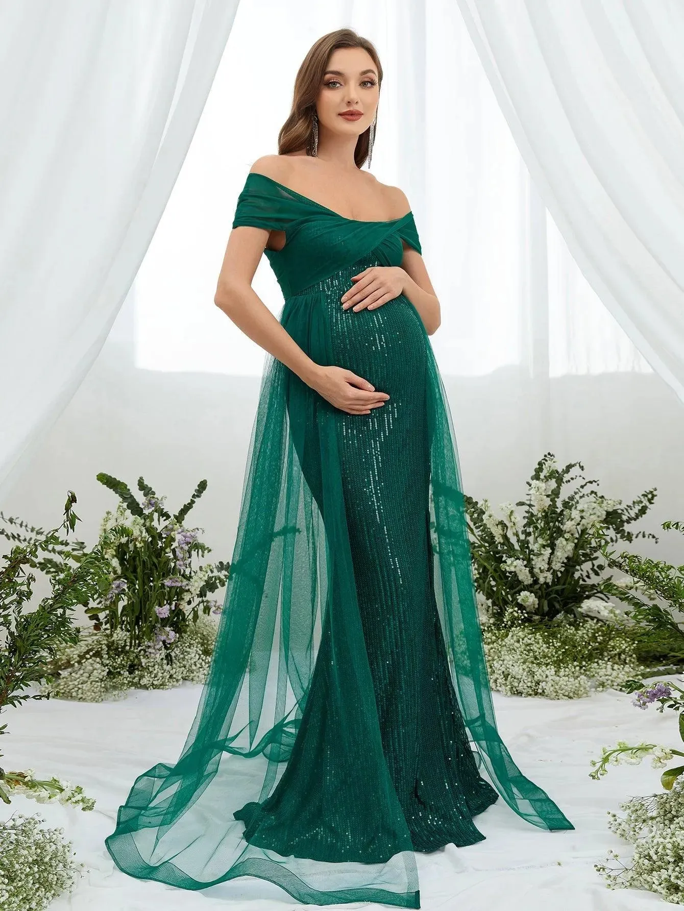 Maternity Off Shoulder Split Sequin Mermaid Dress