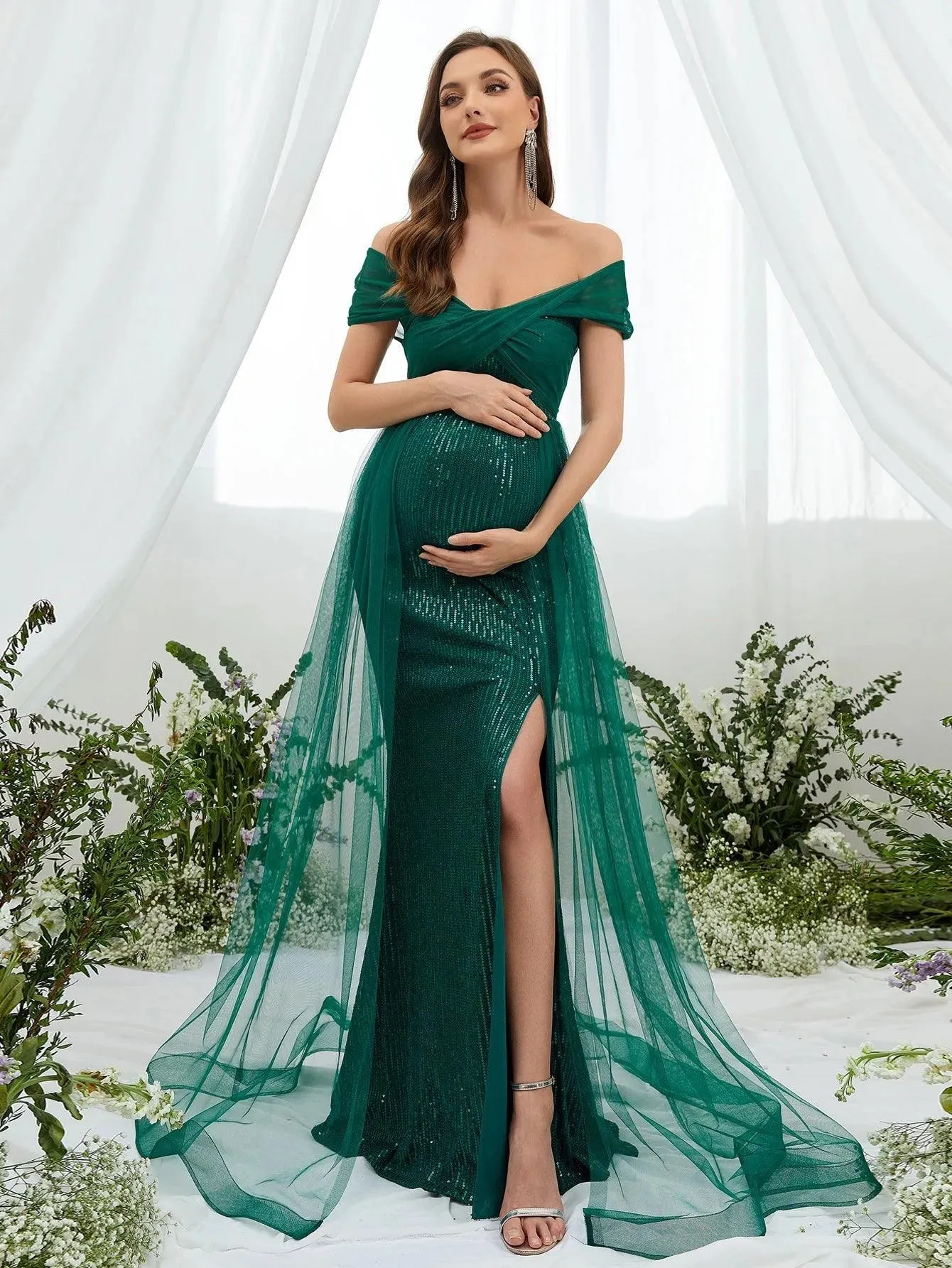 Maternity Off Shoulder Split Sequin Mermaid Dress