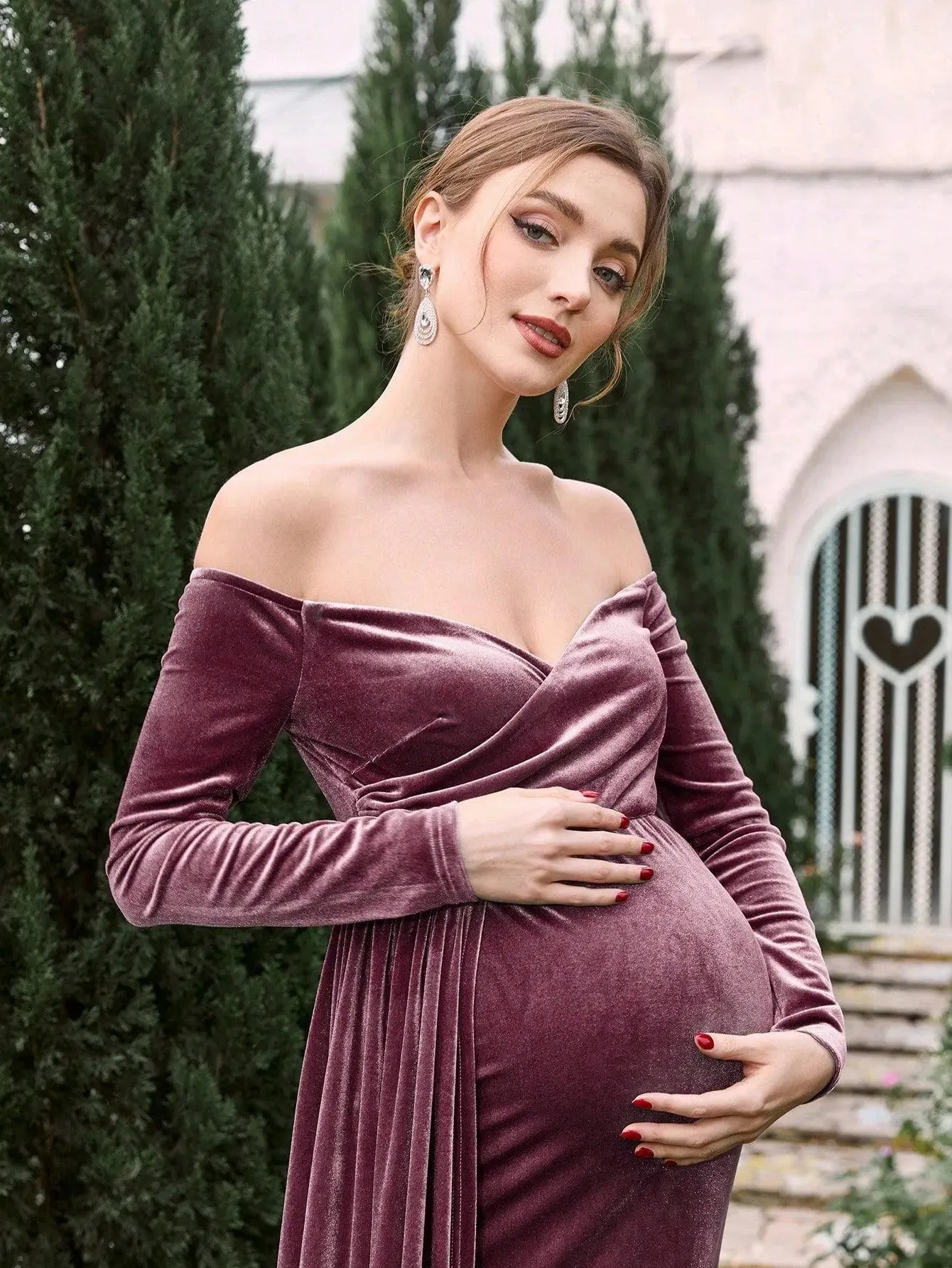 Maternity Off Shoulder Velvet Mermaid Prom Dress