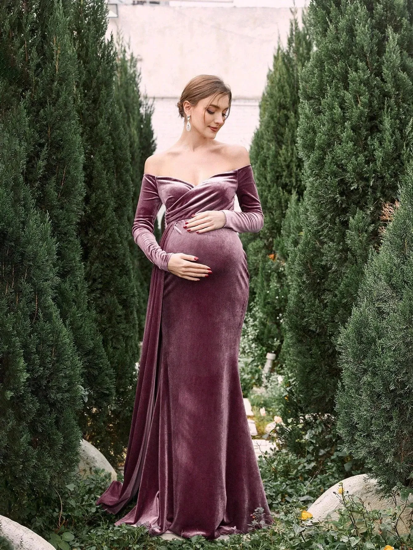 Maternity Off Shoulder Velvet Mermaid Prom Dress