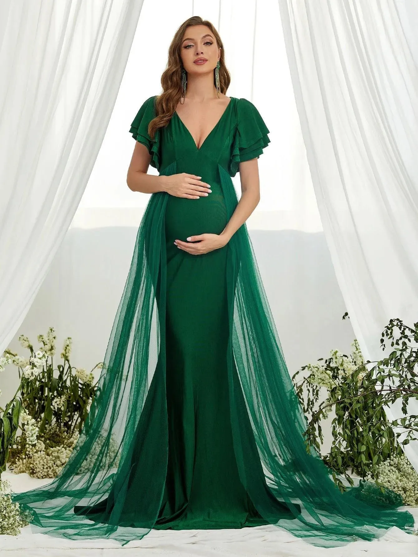 Maternity Plunging Neck Layered Ruffle Sleeve Mermaid Dress