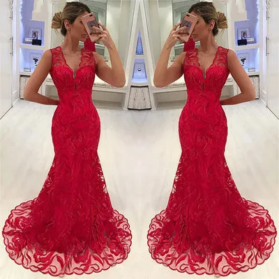 MERMAID APPLIQUES STRAPS SLEEVELESS V-NECK LONG PROM DRESS SA84