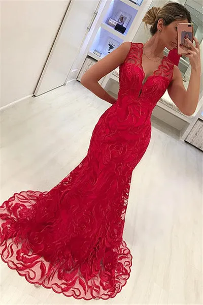 MERMAID APPLIQUES STRAPS SLEEVELESS V-NECK LONG PROM DRESS SA84