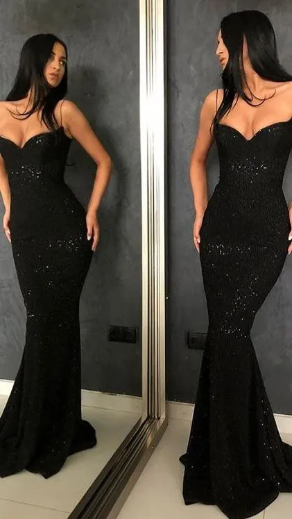 Mermaid Floor-length Black Modest Sequin Prom Dress SH511