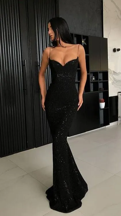 Mermaid Floor-length Black Modest Sequin Prom Dress SH511