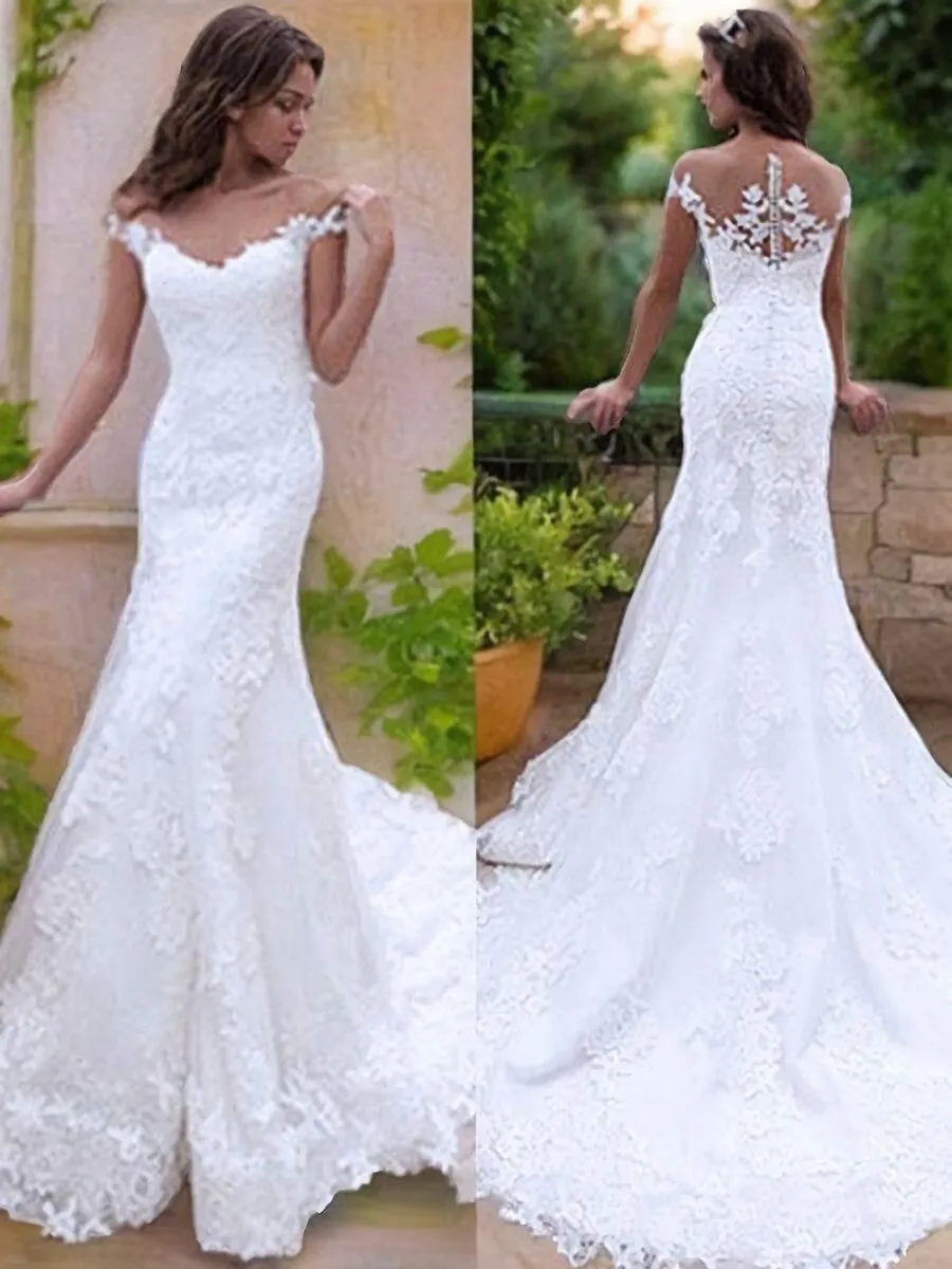 Mermaid Off-the-Shoulder Sweep Train Tulle Wedding Dresses