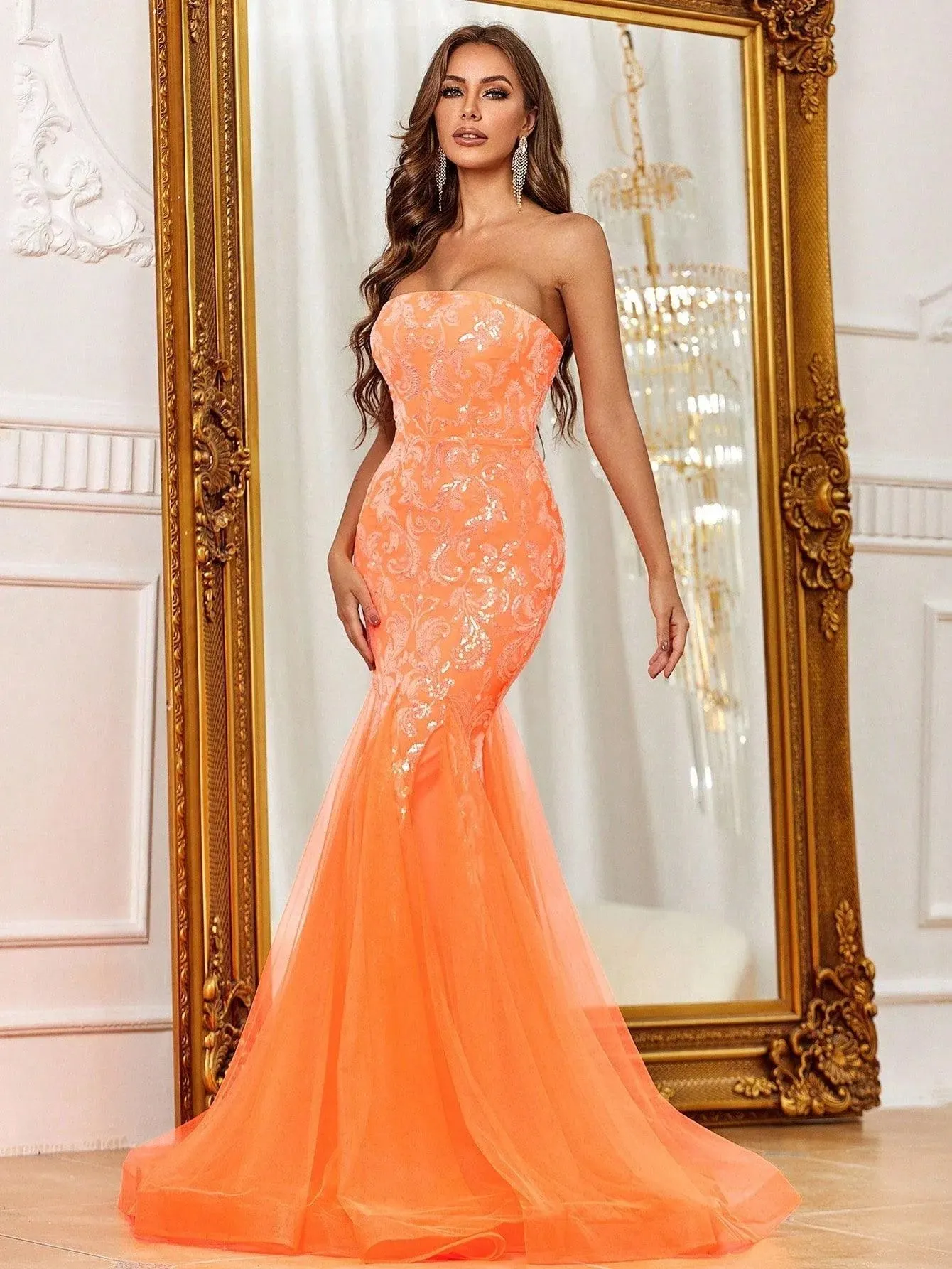 Mesh Insert Mermaid Hem Sequin Tube Dress