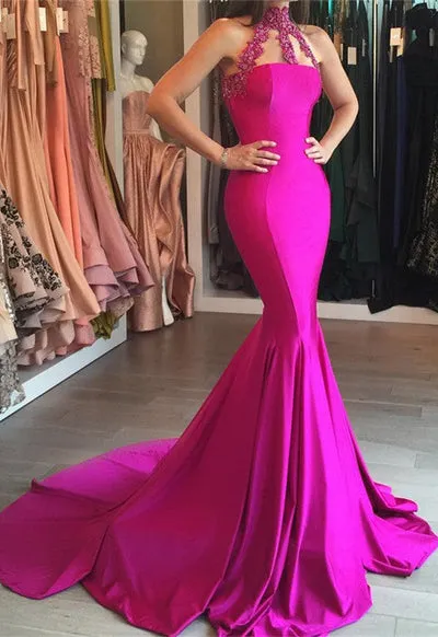 MODEST HIGH-NECK MERMAID SLEEVELESS SWEEP-TRAIN LACE-APPLIQUES PROM DRESS SA81