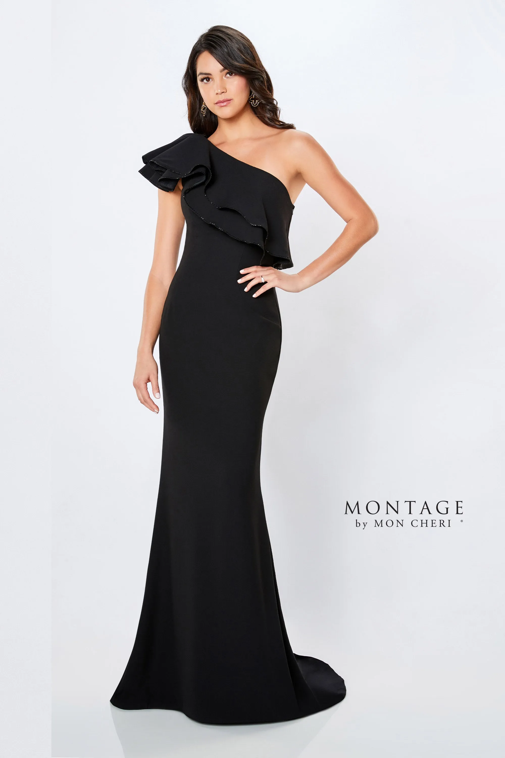 Montage 221975 Ruffle One Shoulder Crepe Gown