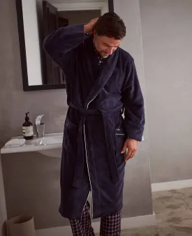 Navy Fleece Dressing Gown With Piping