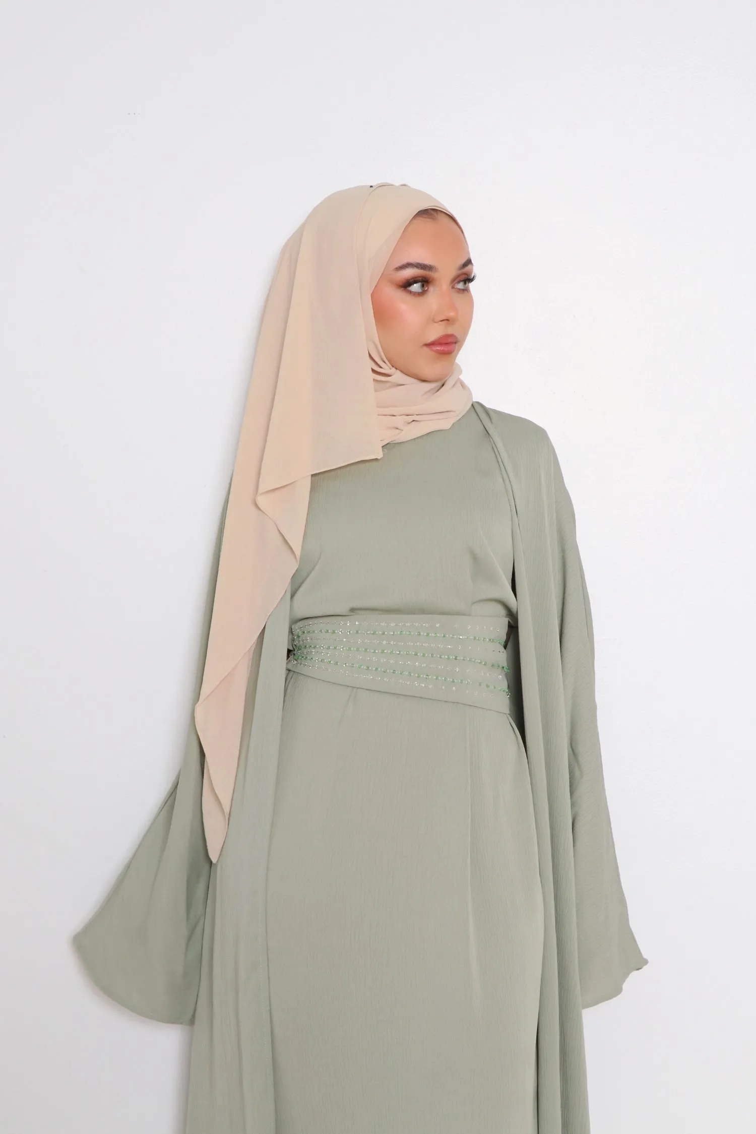 Nia Textured Corset Abaya Set- Light Sage Green