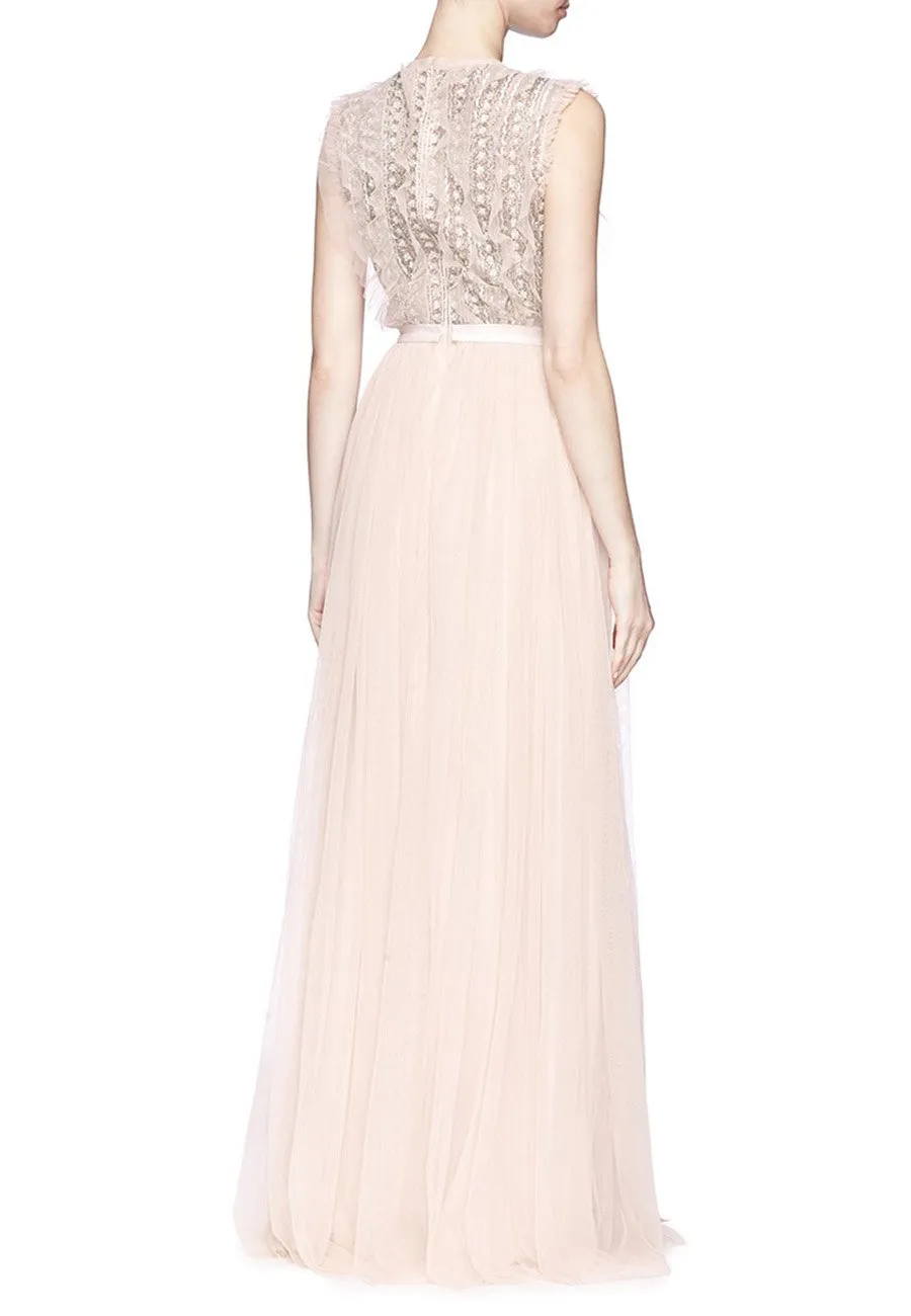 Nude Jet Frill Ruffled Embellished Tulle Gown (UK 10)