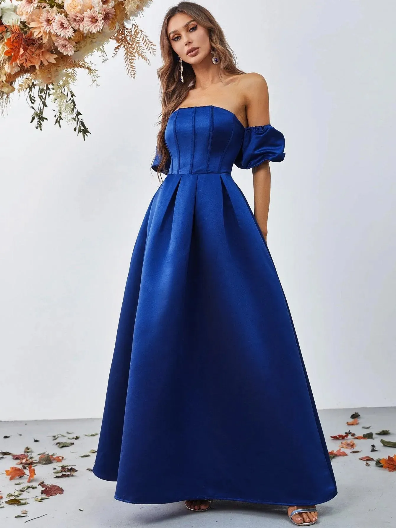 Off Shoulder Puff Sleeves Ruched Bust Fold Pleated Satin Gown