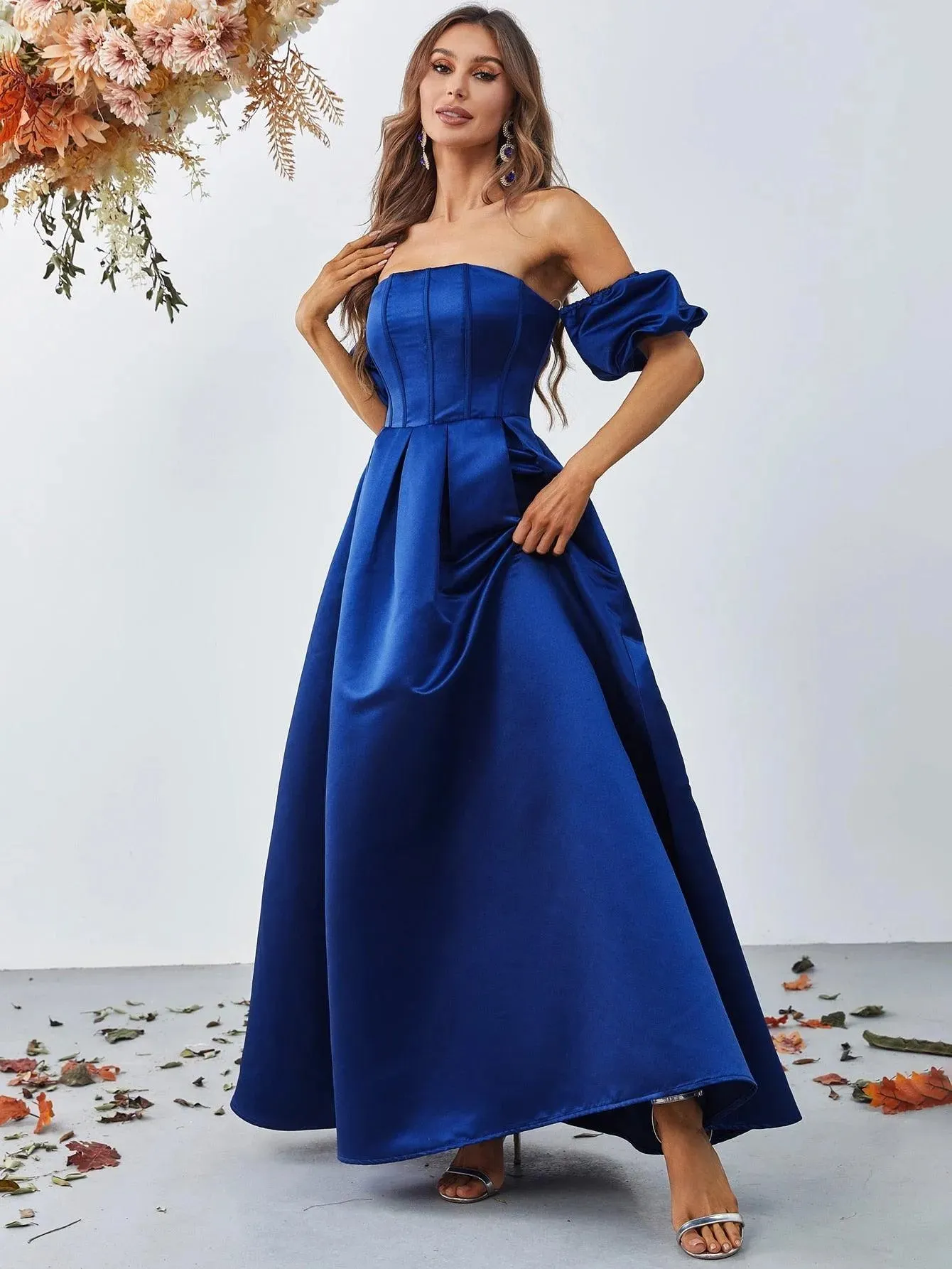 Off Shoulder Puff Sleeves Ruched Bust Fold Pleated Satin Gown