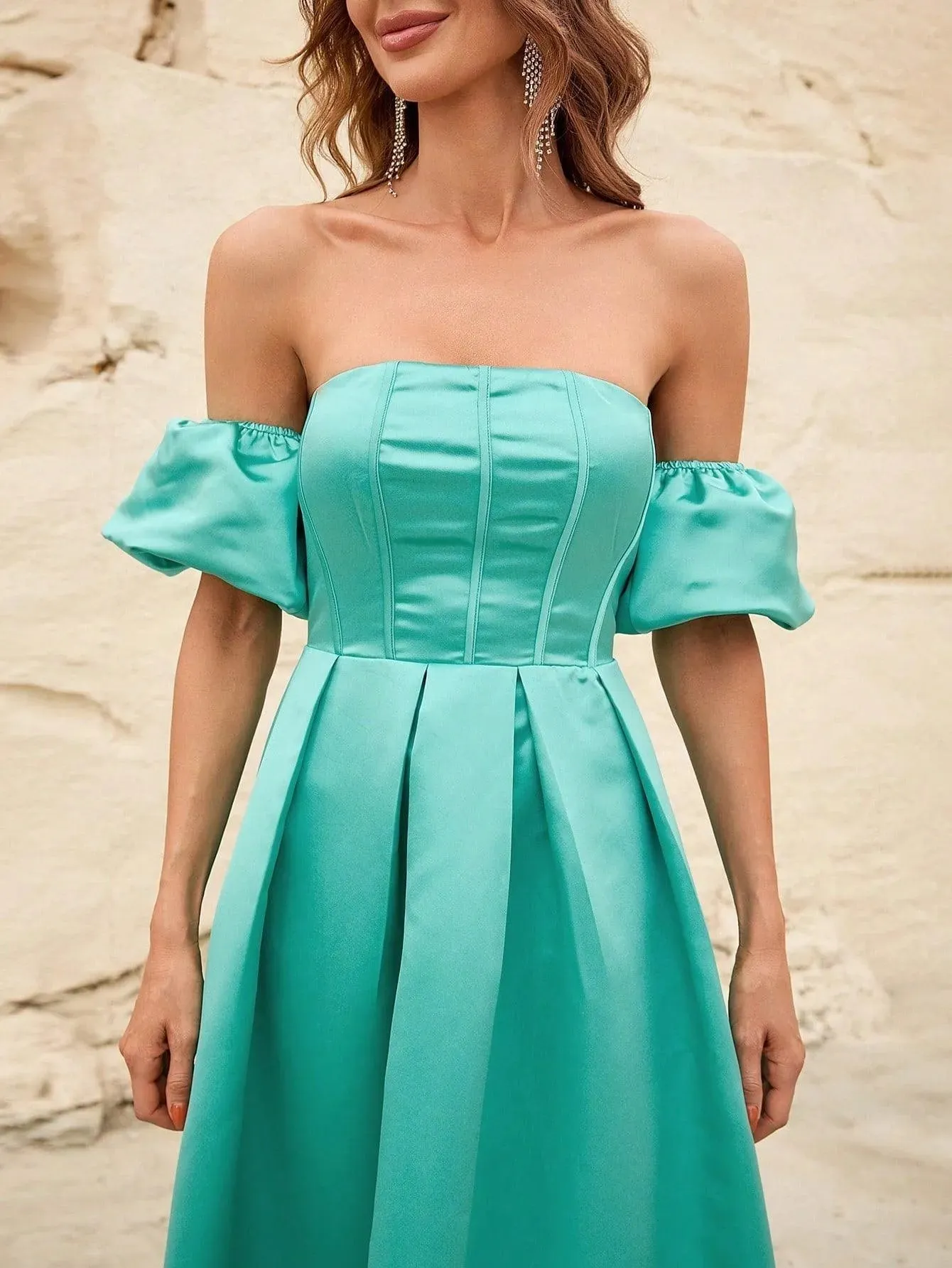 Off Shoulder Puff Sleeves Ruched Bust Fold Pleated Satin Gown