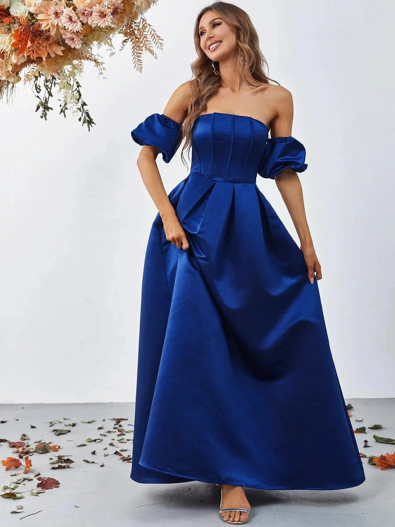 Off Shoulder Puff Sleeves Ruched Bust Fold Pleated Satin Gown