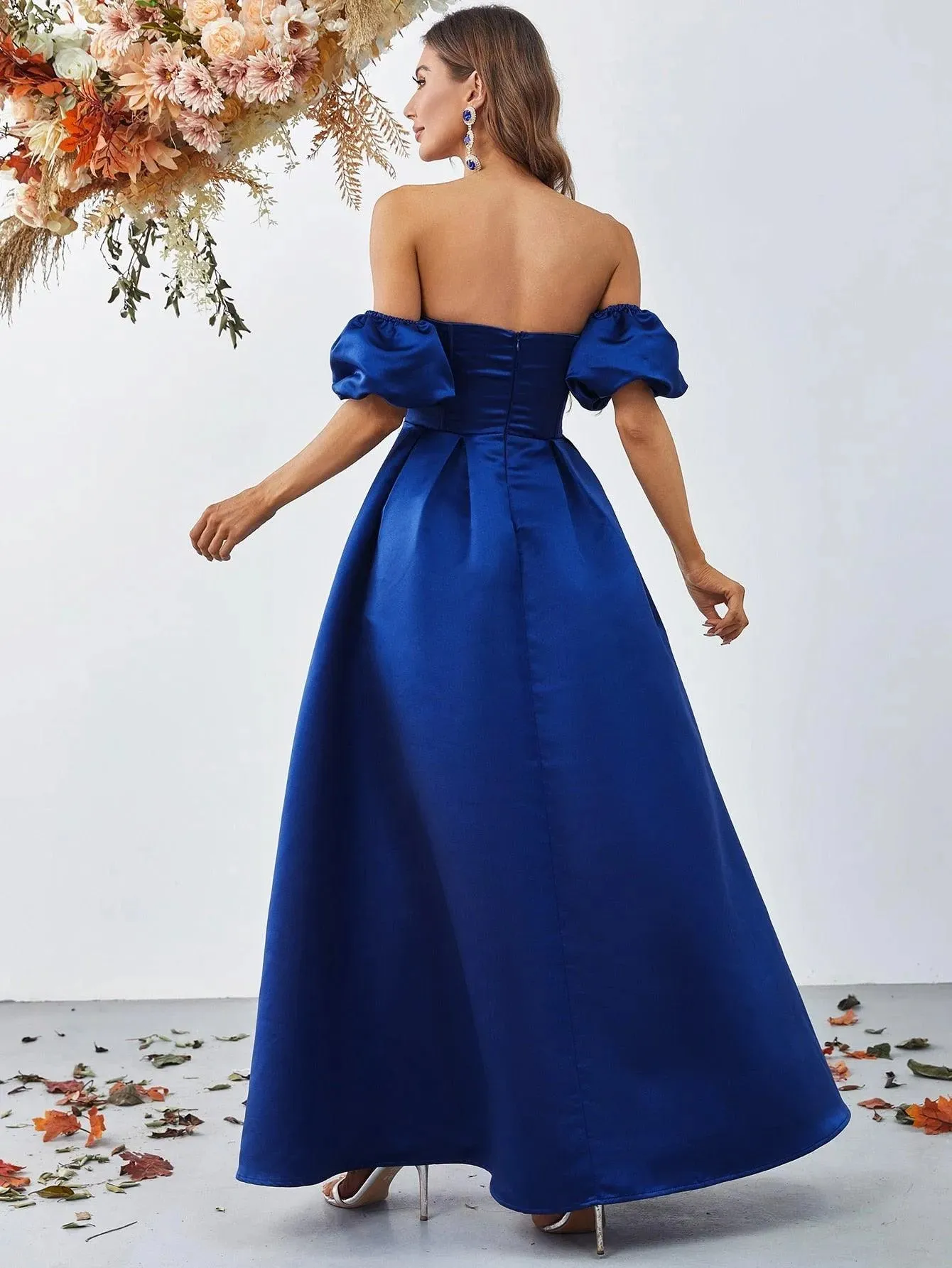 Off Shoulder Puff Sleeves Ruched Bust Fold Pleated Satin Gown