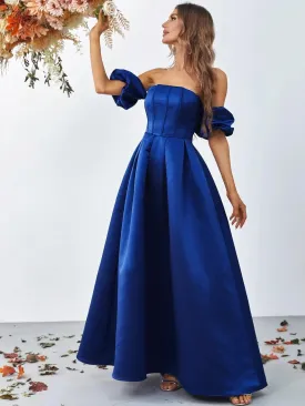 Off Shoulder Puff Sleeves Ruched Bust Fold Pleated Satin Gown