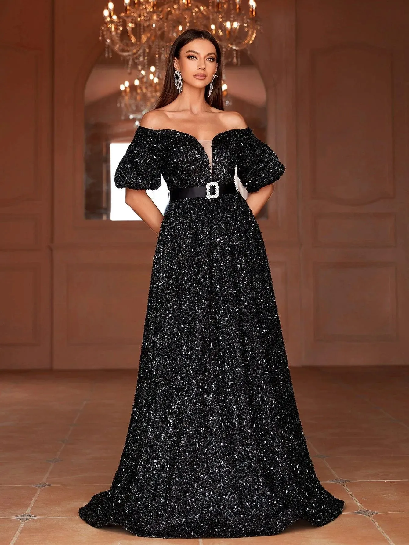 Off Shoulder Puff Sleeves Sequin A Line Dresses