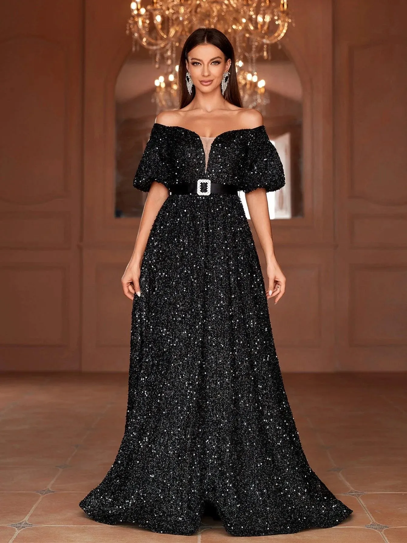 Off Shoulder Puff Sleeves Sequin A Line Dresses