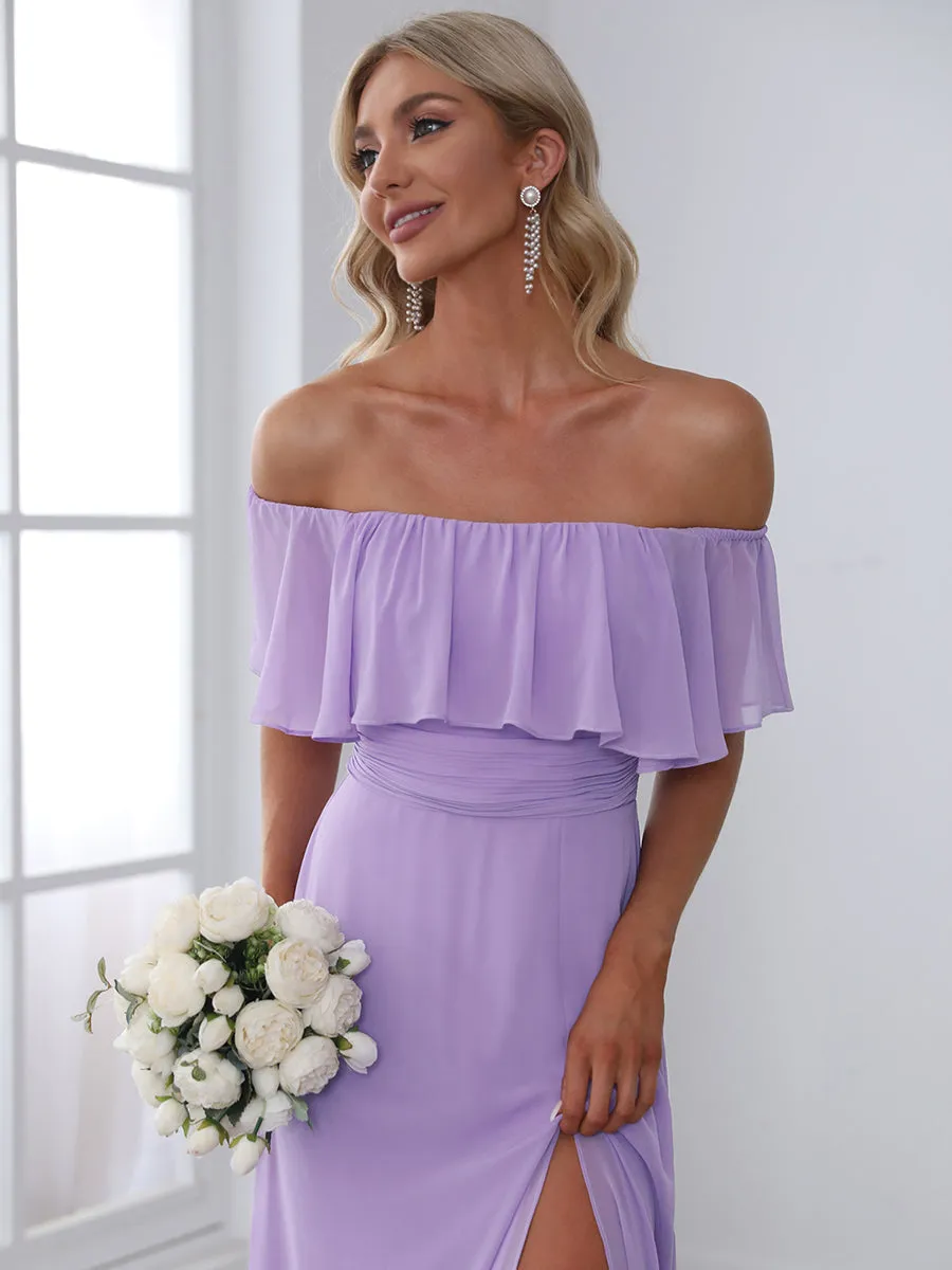 Off Shoulder Ruffle Thigh Split Wholesale Bridesmaid Dresses