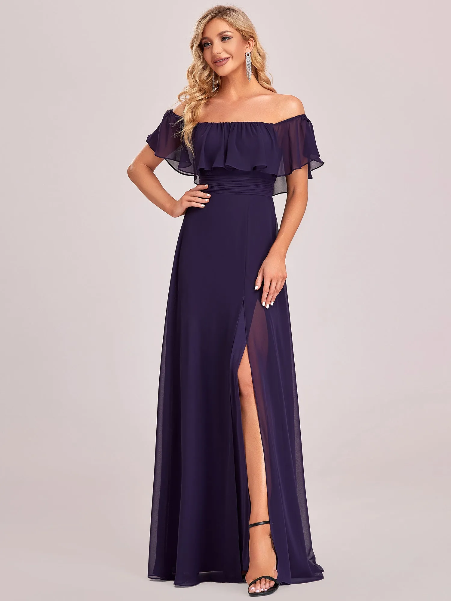 Off Shoulder Ruffle Thigh Split Wholesale Bridesmaid Dresses