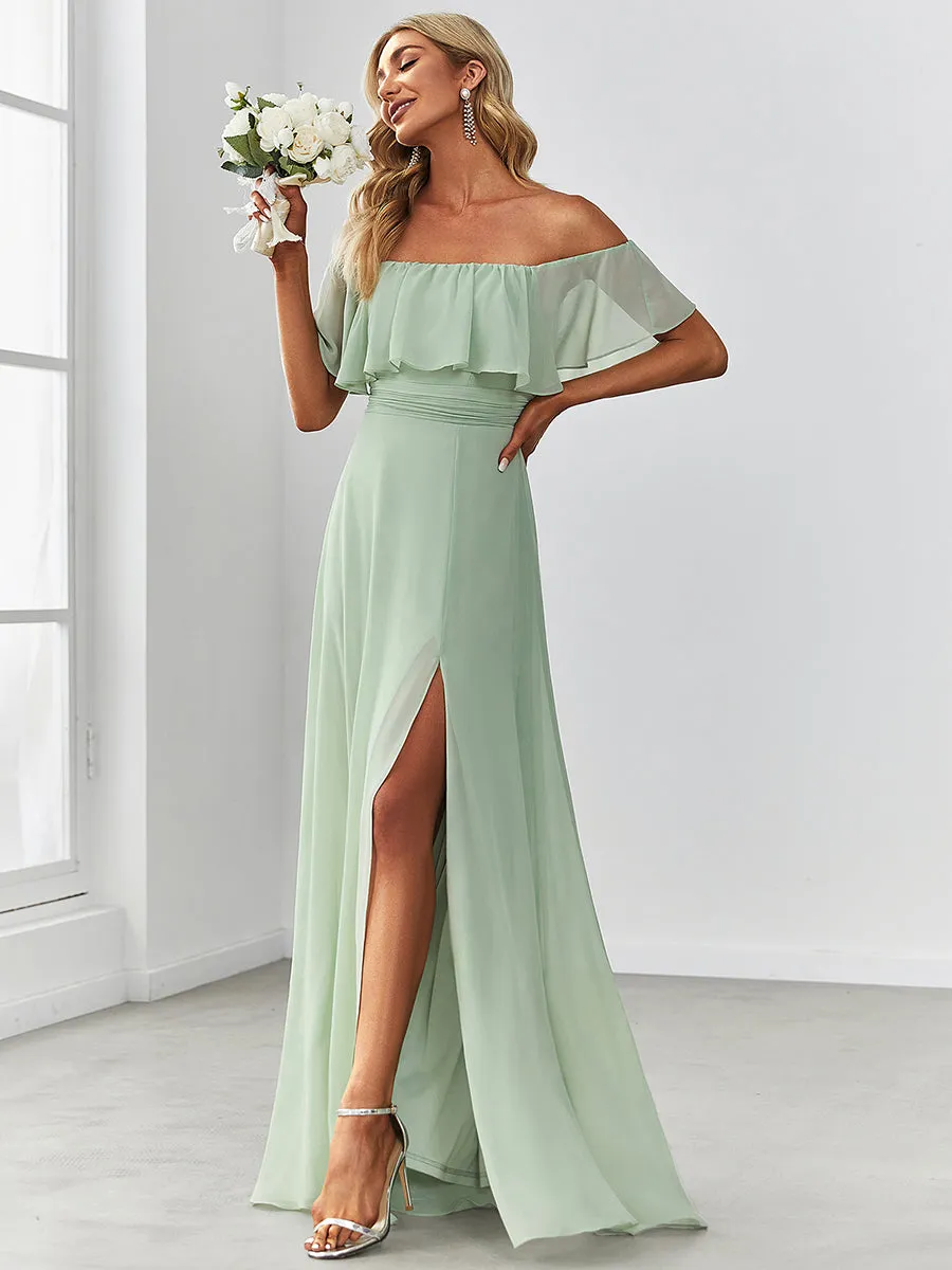 Off Shoulder Ruffle Thigh Split Wholesale Bridesmaid Dresses