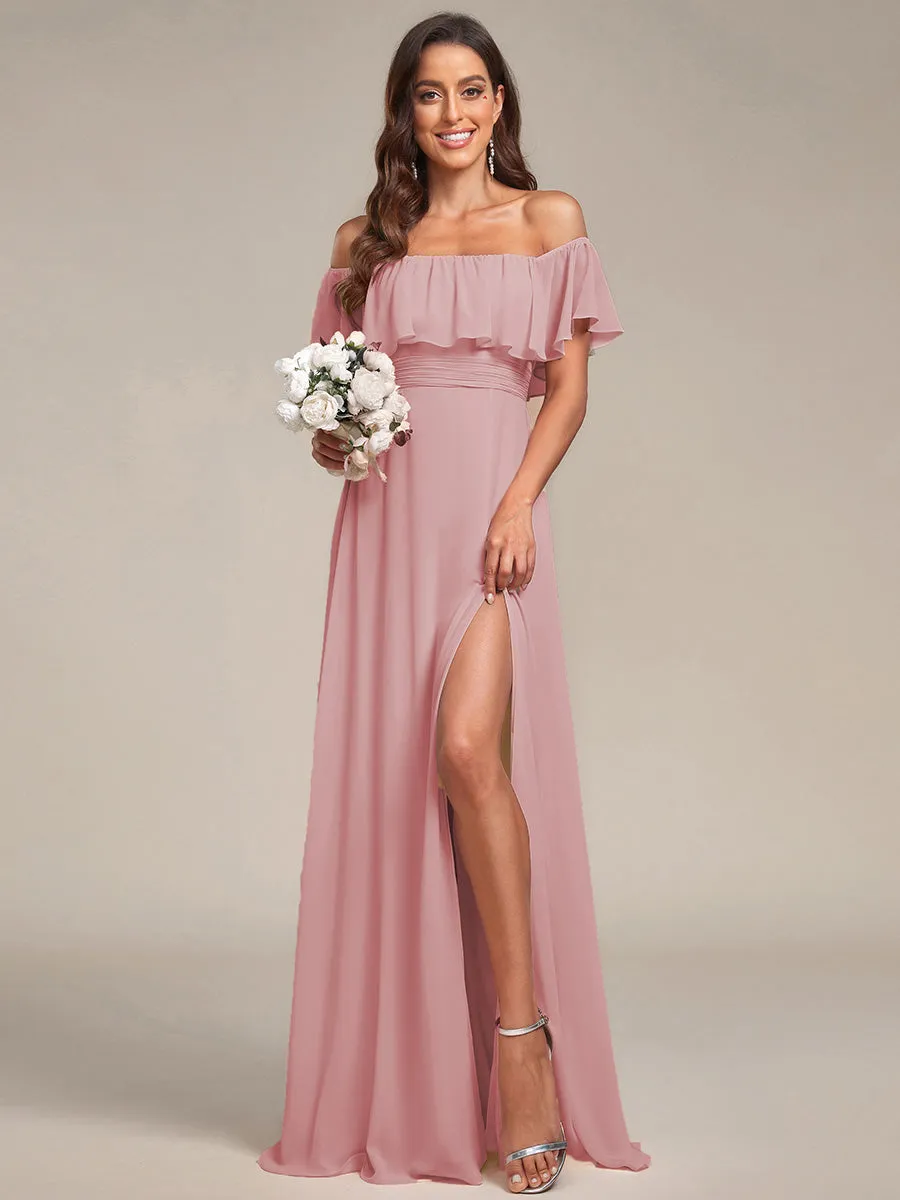 Off Shoulder Ruffle Thigh Split Wholesale Bridesmaid Dresses