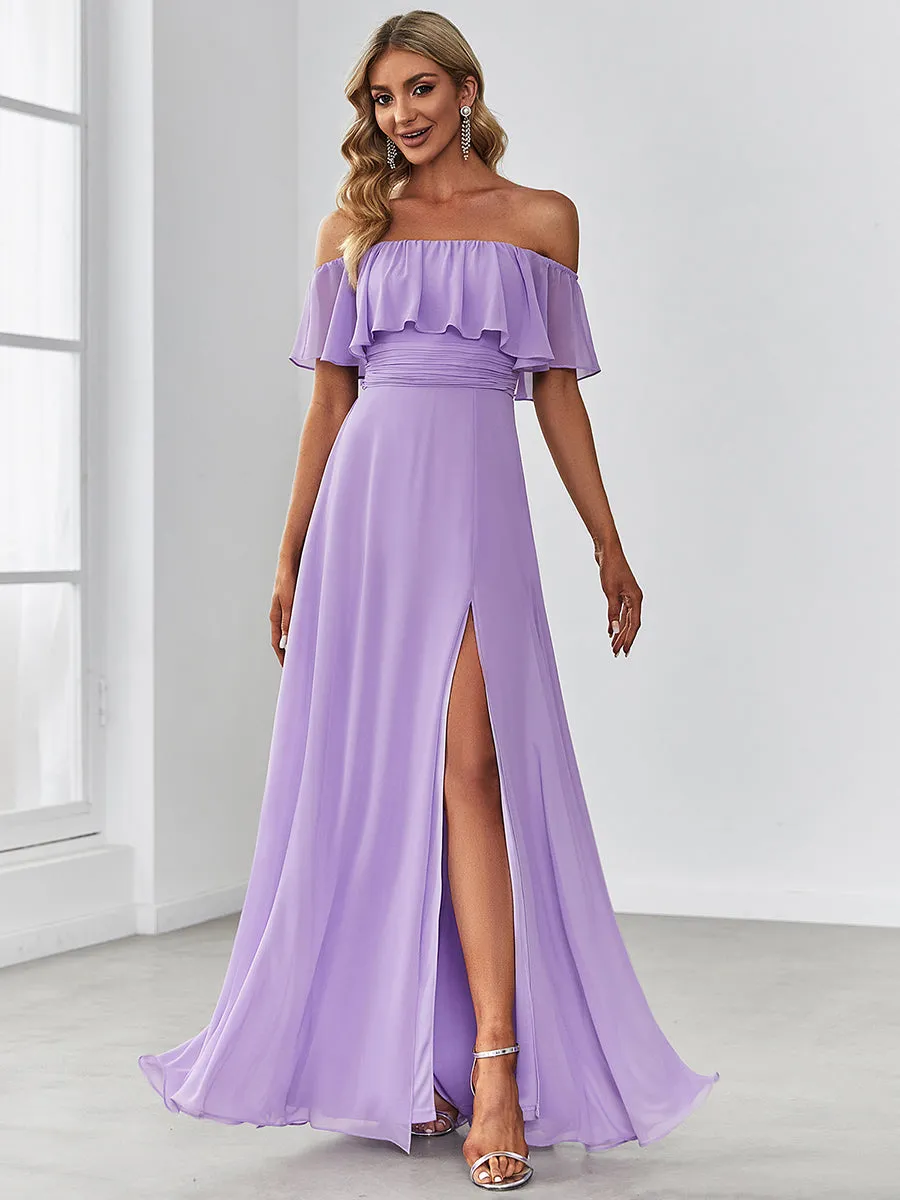 Off Shoulder Ruffle Thigh Split Wholesale Bridesmaid Dresses