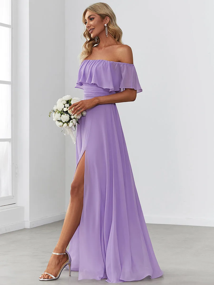 Off Shoulder Ruffle Thigh Split Wholesale Bridesmaid Dresses