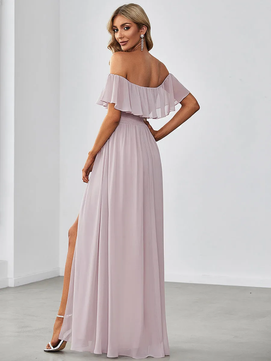 Off Shoulder Ruffle Thigh Split Wholesale Bridesmaid Dresses