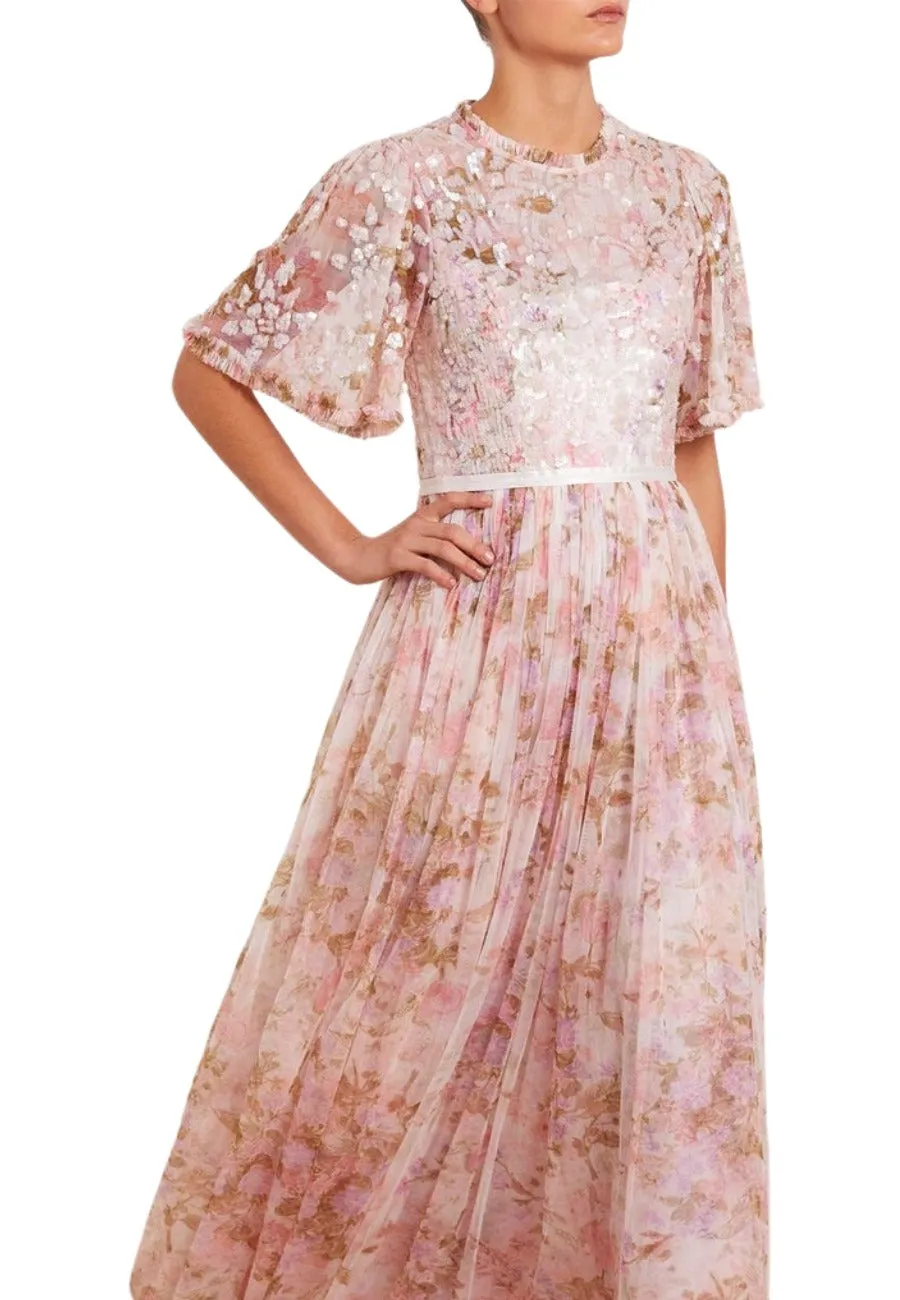 Pink Darling Meadow Print Sequins Gown