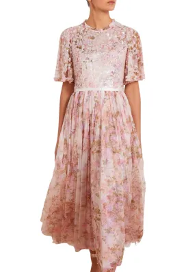 Pink Darling Meadow Print Sequins Gown