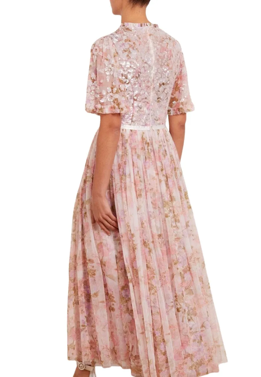 Pink Darling Meadow Print Sequins Gown