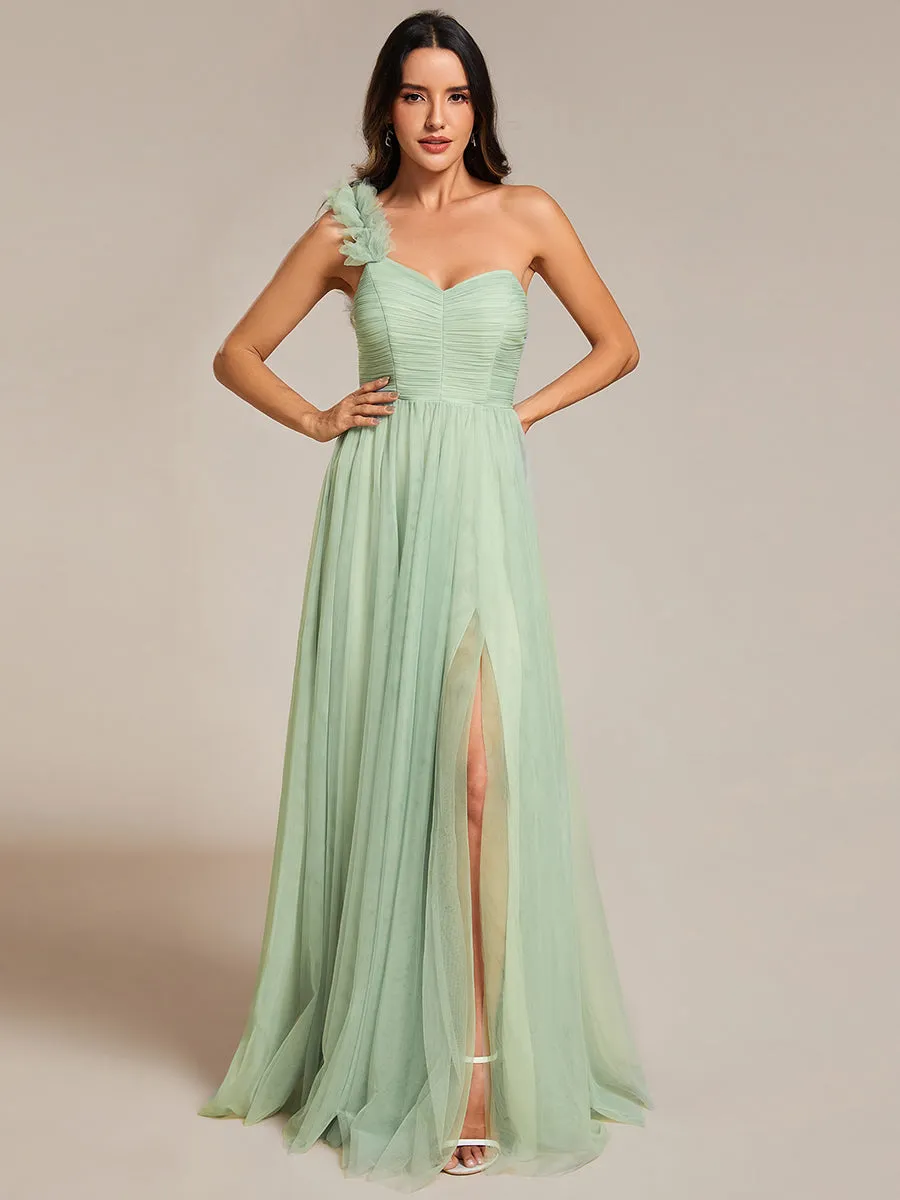 Pleated Backless One Shoulder Split Tulle Wholesale Bridesmaid Dresses