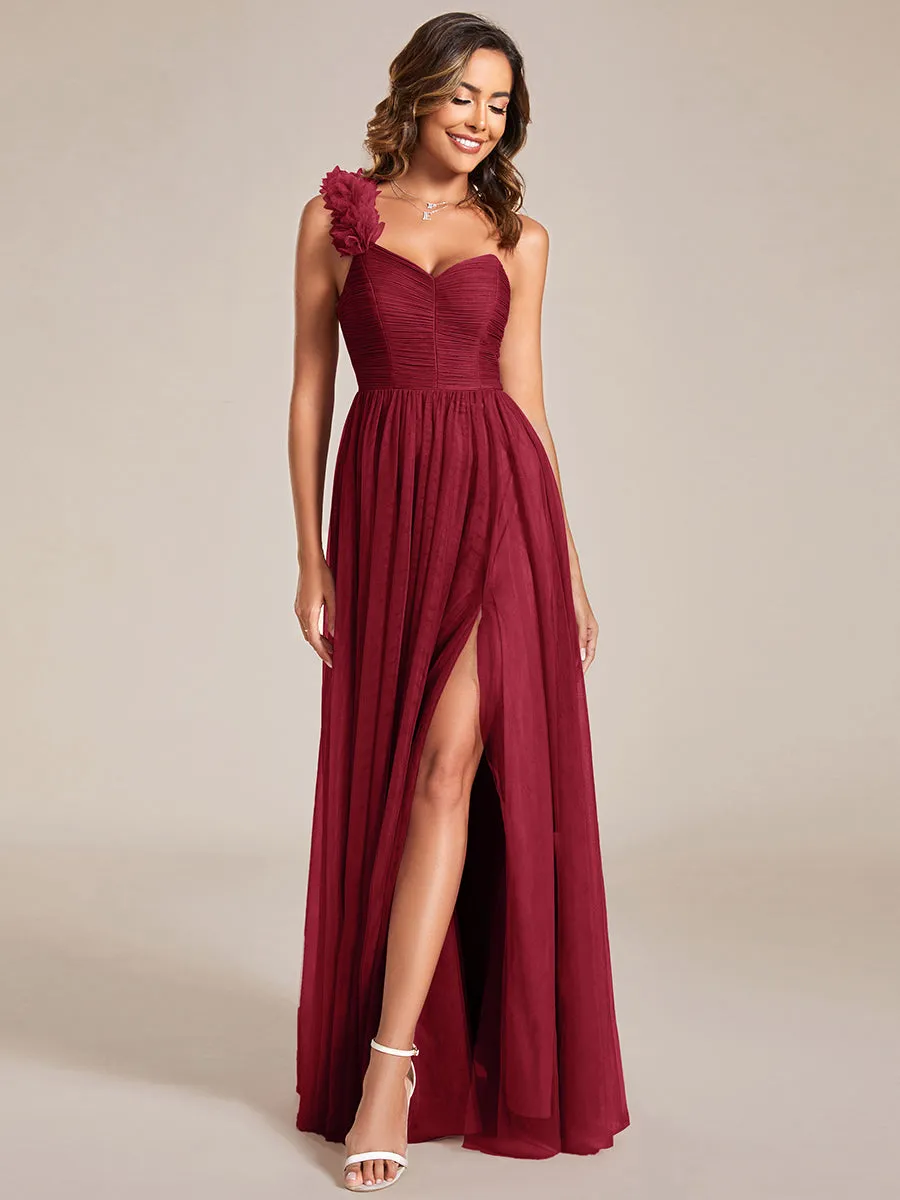 Pleated Backless One Shoulder Split Tulle Wholesale Bridesmaid Dresses