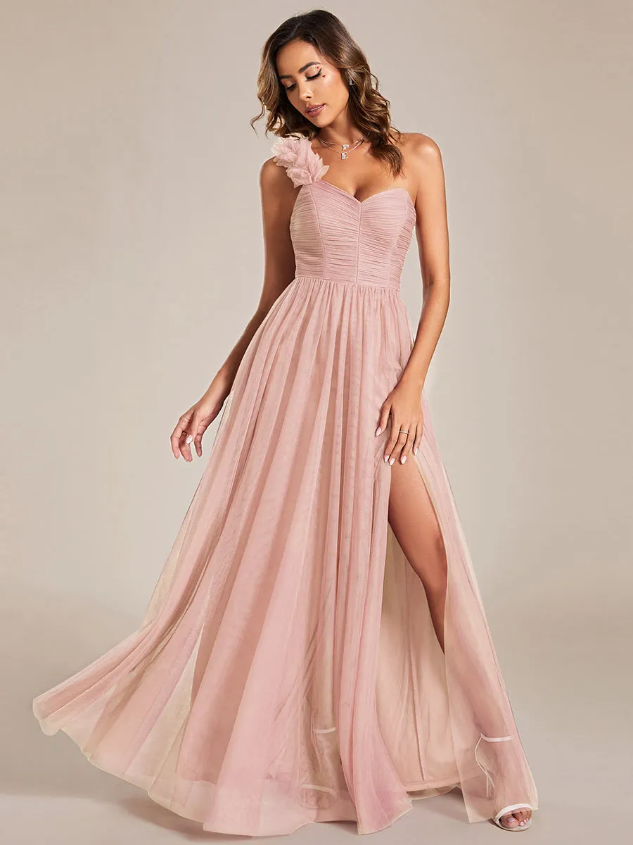 Pleated Backless One Shoulder Split Tulle Wholesale Bridesmaid Dresses